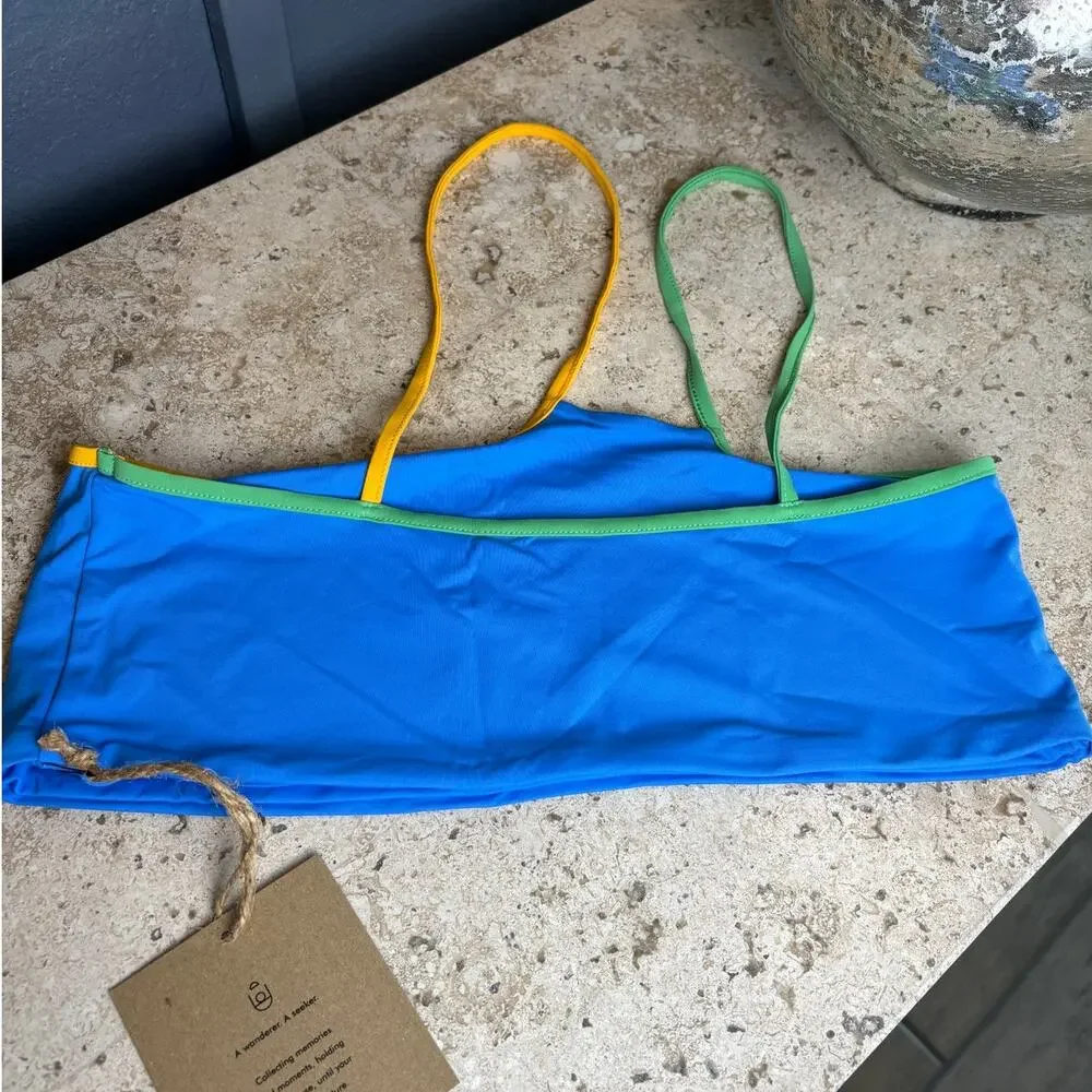 Stone Fox Swim Ibiza Blue Green Yellow One Shoulder Bikini XL Bathing Top NWT